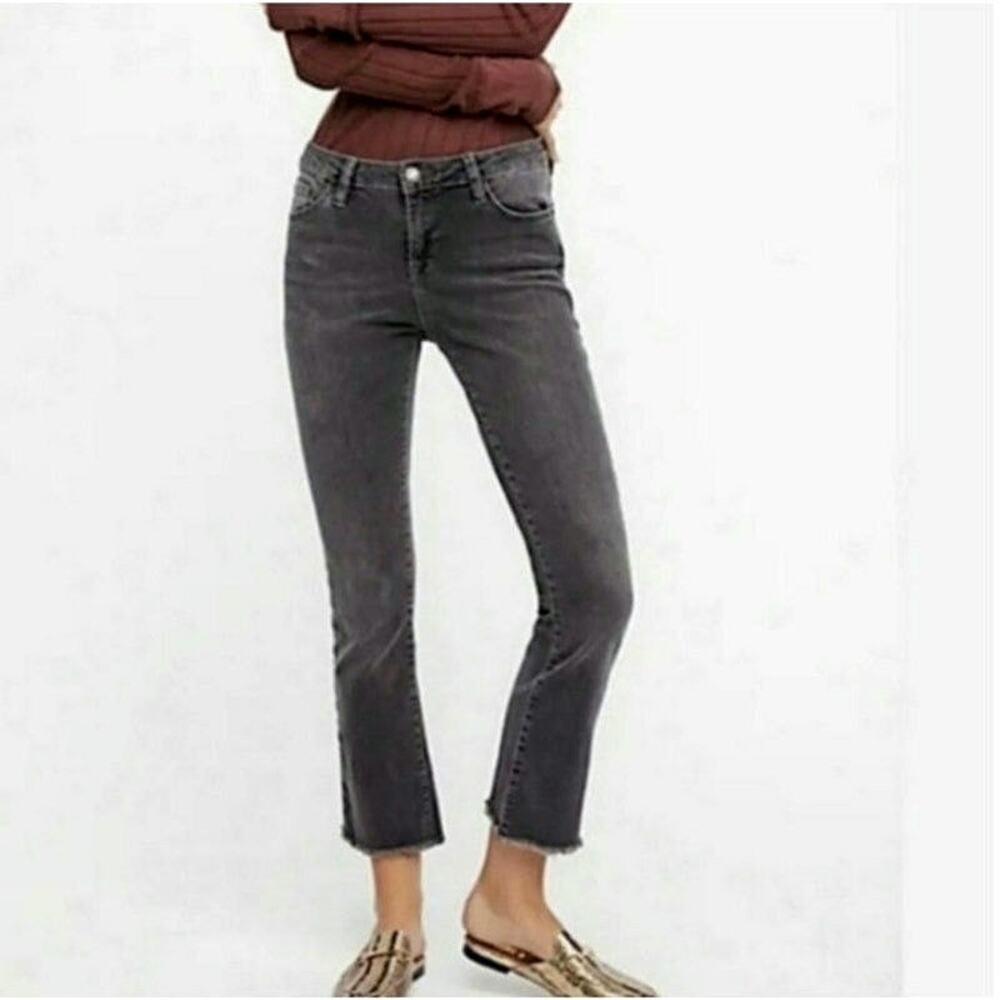 Free People Straight Leg Jeans Mid Rise Raw Hem Ankle Crop Black Gray 27 - Picture 2 of 16